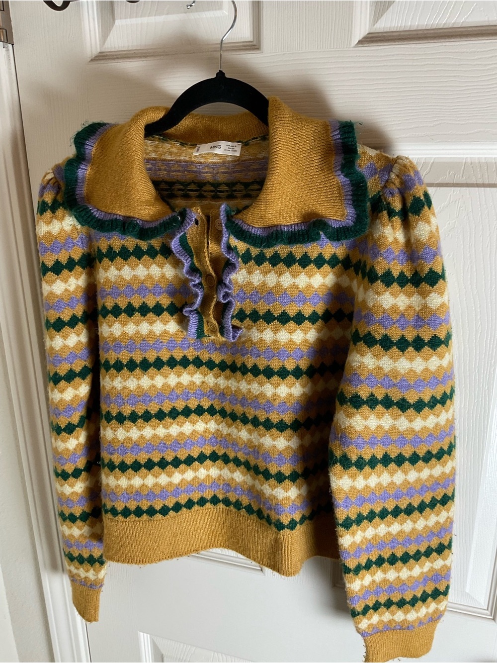 MANGO Arlequin Geometric Pattern Ruffle Detail Polo Sweater size Xl - Picture 6 of 12